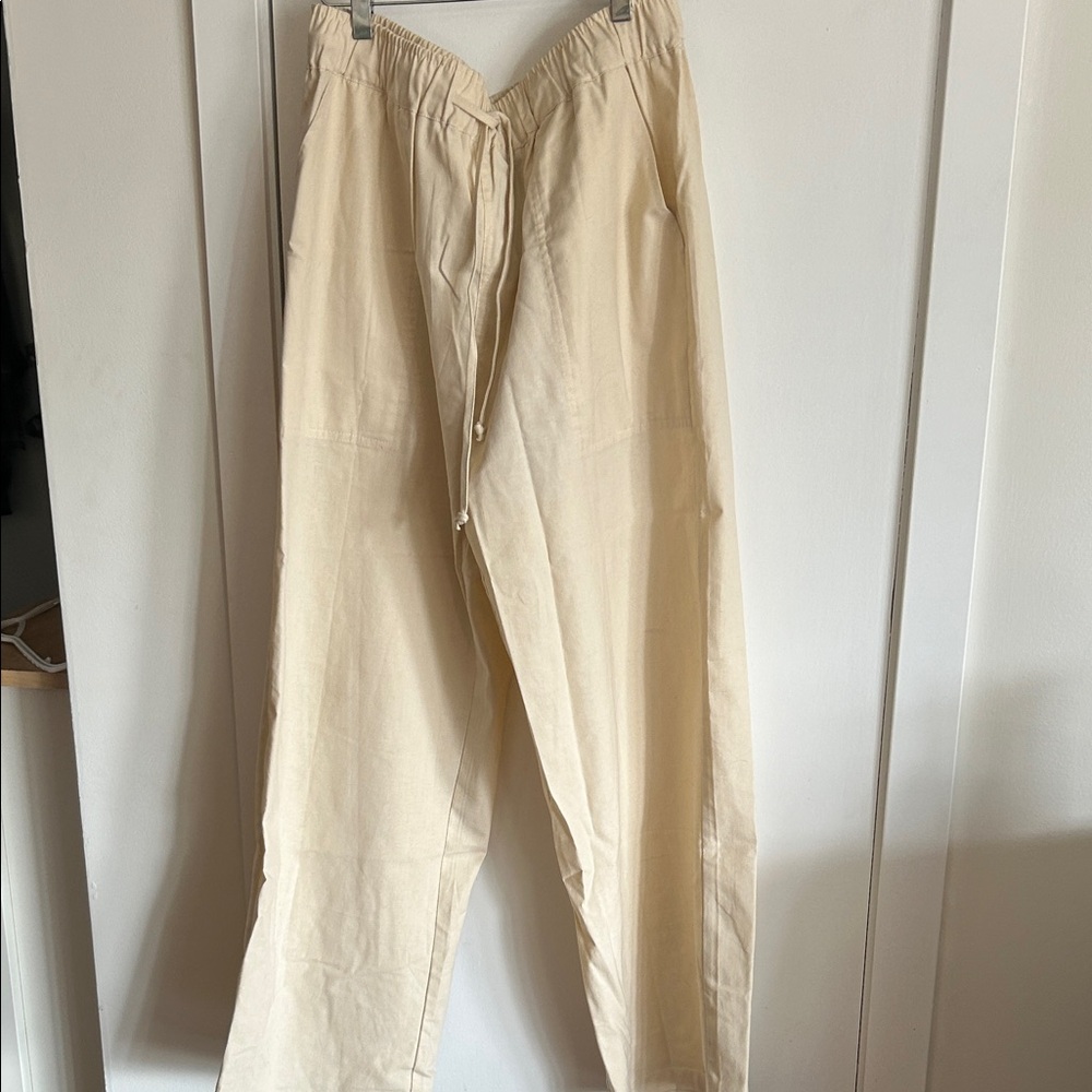 Cream linen blend drawstring pants